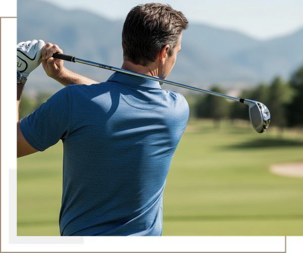 the back of a man during a golf swing where the fabric of his shirt is subtly moving