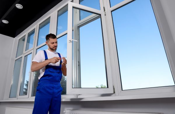 Man installing windows in a home. 