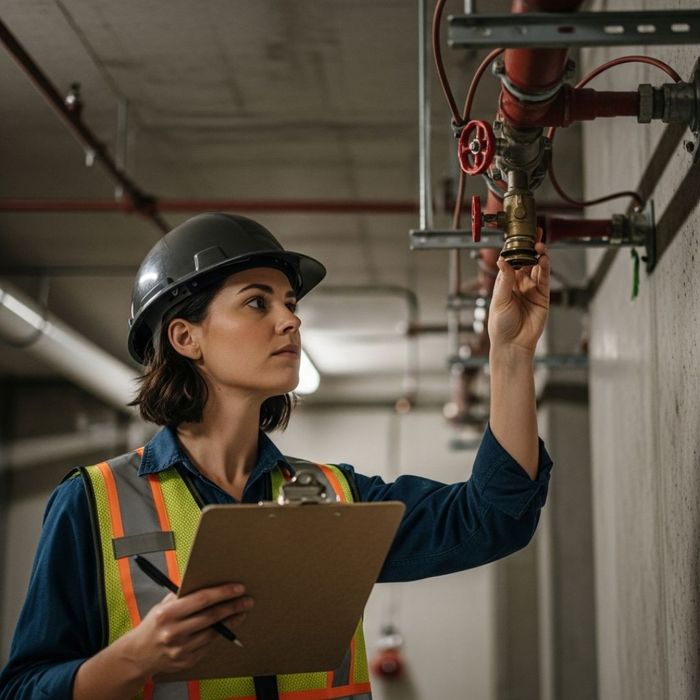 a professional building inspector wearing a hard hat, examining a fire sprinkler system to ensure safety and compliance with regulations