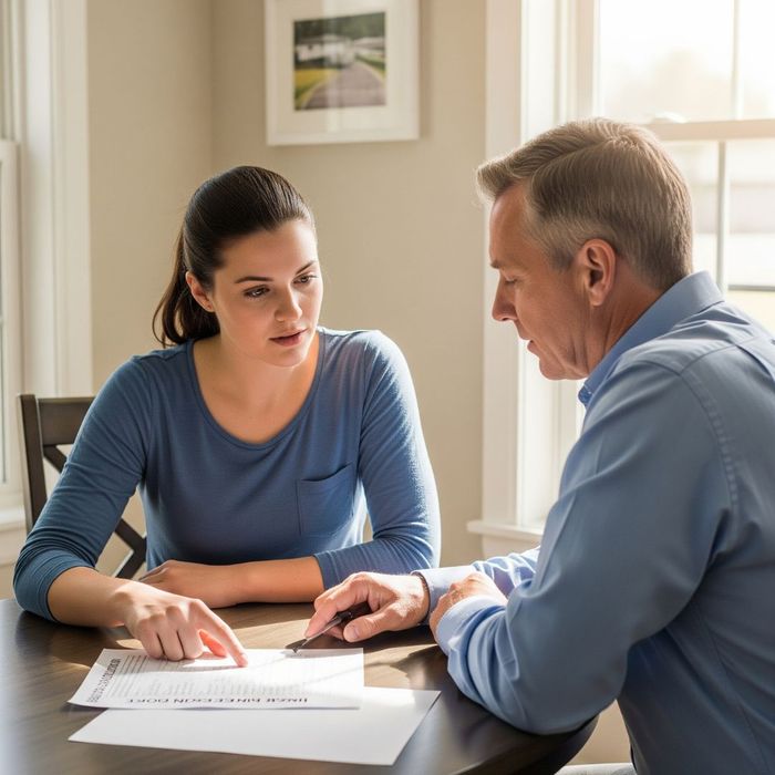 Two people looking at documents at kitchen table
