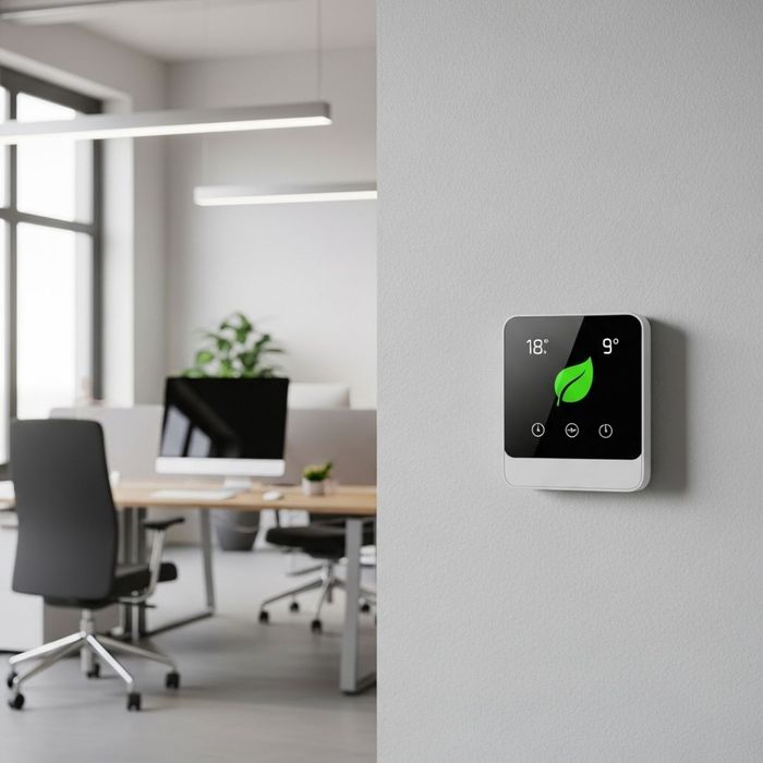 a smart thermostat in a modern office setting, displaying a green leaf icon
