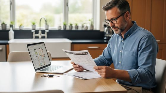 A homeowner sits at their kitchen table, carefully reviewing their detailed home inspection report with a laptop and house keys nearby