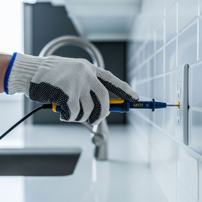 a home inspector's gloved hand using a professional testing tool