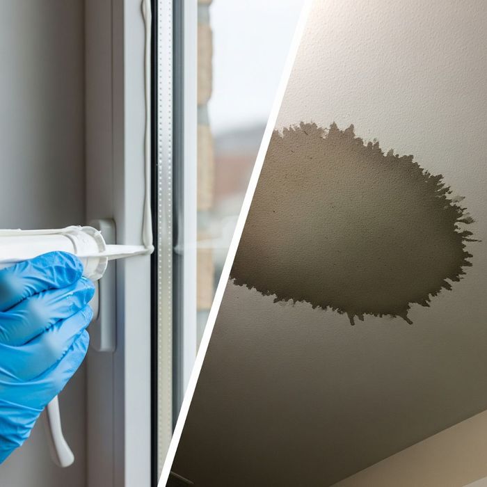 applying caulk to a small window seal & a water stain
