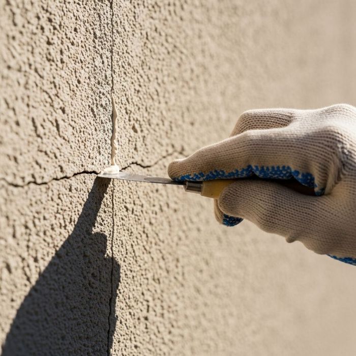 a gloved hand carefully repairing a small crack in a commercial building's wall