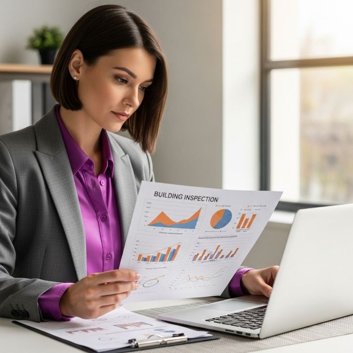 a business owner at a desk, carefully reviewing a detailed building inspection report to make an informed investment decision
