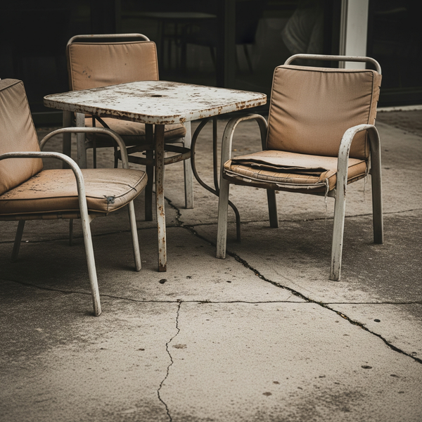Worn and faded patio furniture on a cracked concrete slab