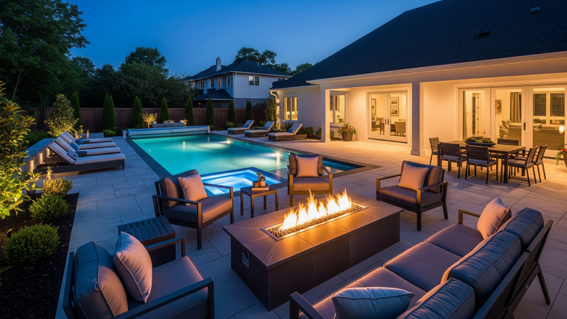  luxurious and modern backyard at dusk 