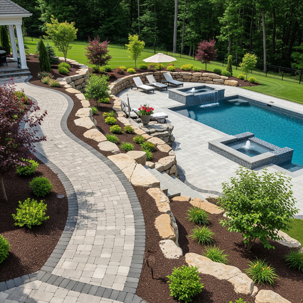cohesive hardscape path connecting a home to a custom swimming pool