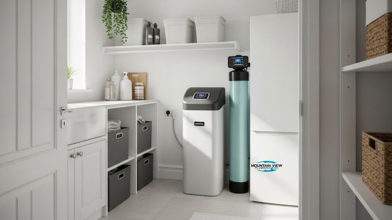 a modern home water softener system in a clean utility room