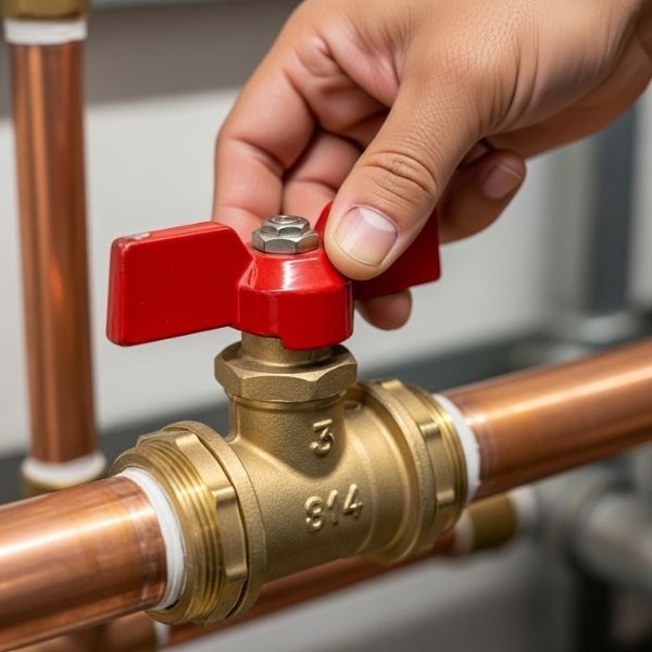 a hand turning the main water shut-off valve to a home