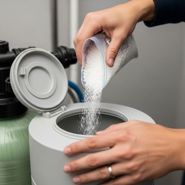 hands pouring salt pellets into a water softener brine tank as part of regular maintenance
