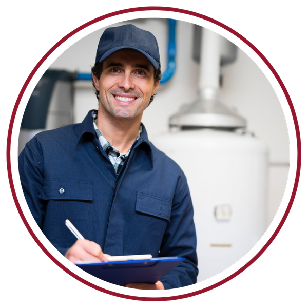 plumber smiling in front of water heater