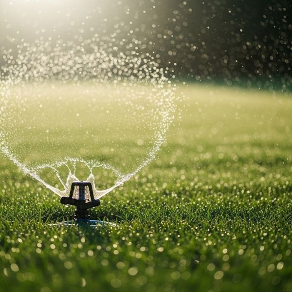 a lawn sprinkler system head watering a green lawn