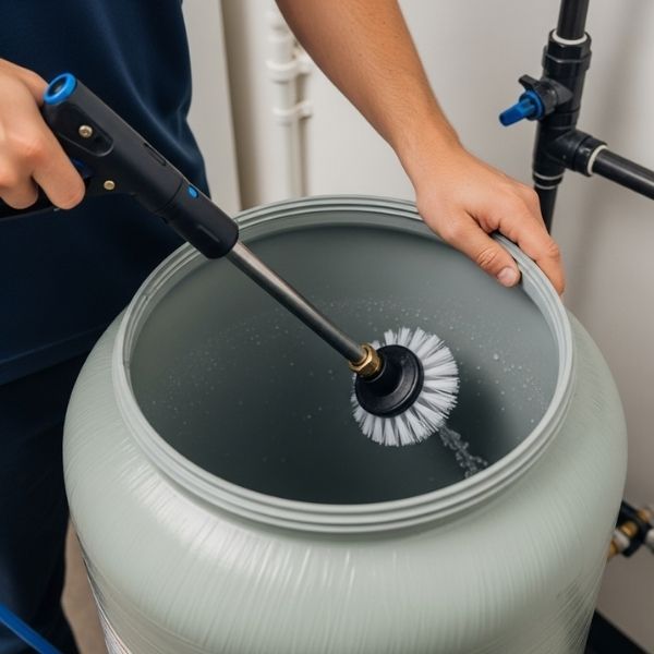 a person performing annual maintenance by scrubbing the inside of a water softener brine tank