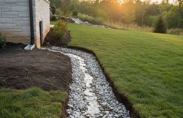 Professional installation of a French drain system featuring a perforated pipe wrapped in filter fabric and surrounded by river rock for optimal residential yard drainage.