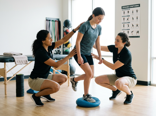 Two therapists guide a young woman as she balances on one leg on a blue stability disc in a bright physical therapy clinic. Physical Therapists Assisting Patient with Balance Exercise