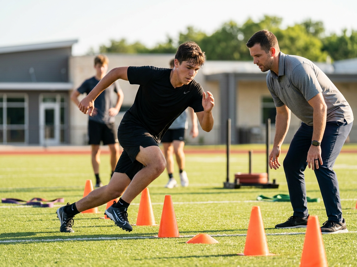 Athlete performing agility drills with coach on a turf field