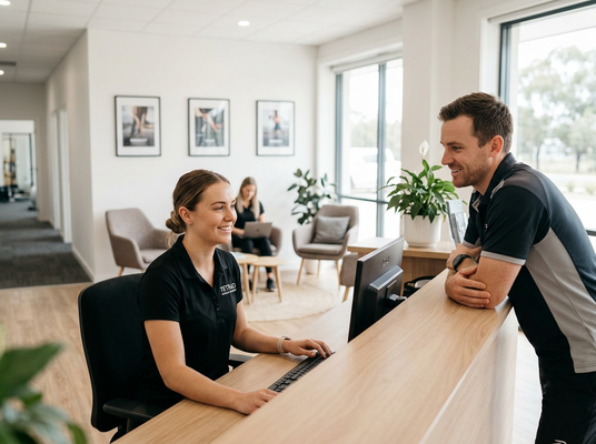 Friendly female receptionist at a modern health clinic reception desk interacting with a smiling male client. Another person uses a laptop in the background. Friendly staff assisting a client at a modern reception desk