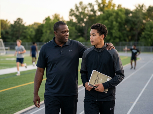 An adult Black man, a coach, puts his arm around a young mixed-race athlete holding a 'Mental Skills Journal' while walking on a track. Coach and Athlete Discussing on Track