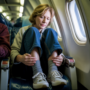 Ankle swelling from travelling Woman on a flight suffering from swollen ankles