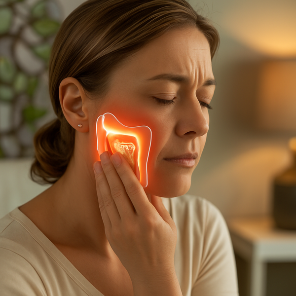 Temporomandibular joint dysfunction, woman in pain in the right side of her jaw.