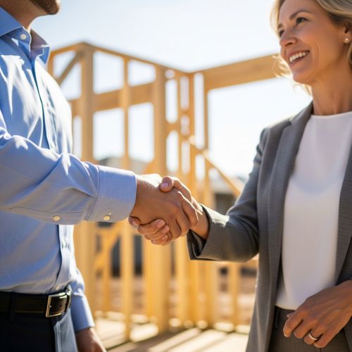 A friendly handshake between a home builder and a client on a construction site.