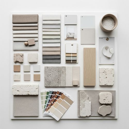 A mood board with fabric swatches, paint chips, and wood samples for home interior design.