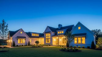A stunning, newly constructed custom home with a modern farmhouse design at dusk.