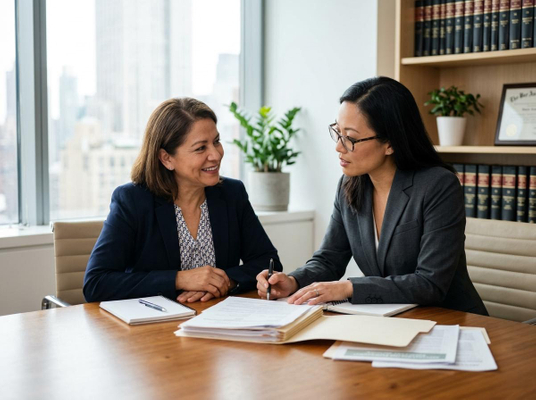 Two women in professional attire review papers at a wooden desk in a modern office with a city view, demonstrating collaboration. Two businesswomen discussing documents in an office
