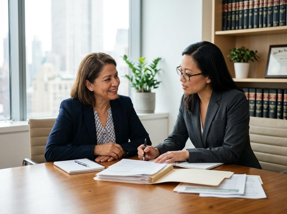 Two businesswomen discussing documents in an office