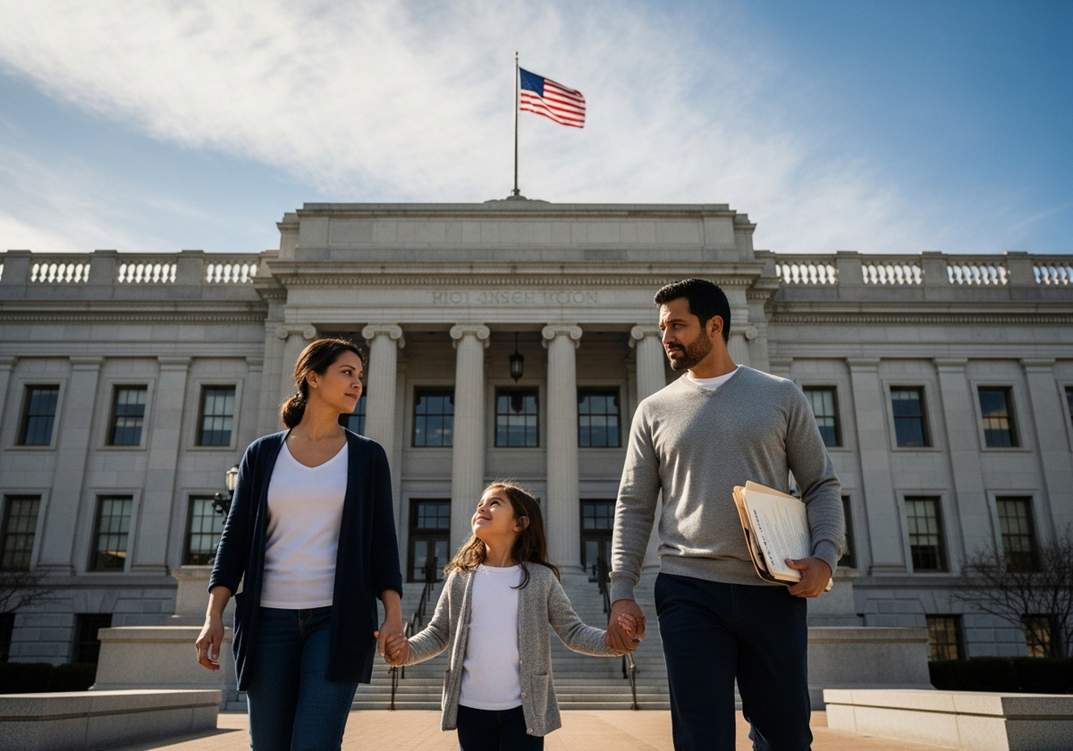 Family in front of Government Building
