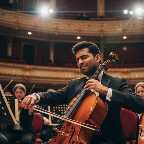 A male musician passionately plays the cello during an orchestral concert in a grand hall. A male musician passionately plays the cello during an orchestral concert in a grand hall.