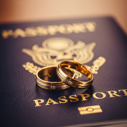 close-up photo of two wedding rings resting on top of a passport close-up photo of two wedding rings resting on top of a passport