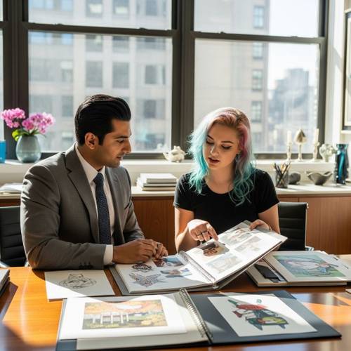 immigration lawyer and an artist reviewing an art portfolio together immigration lawyer and an artist reviewing an art portfolio together