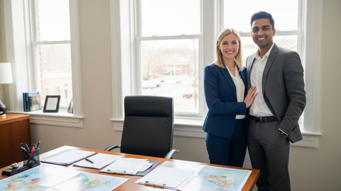diverse couple smiles warmly in a professional and modern law office setting