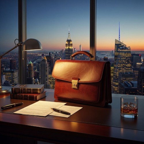 lawyer's briefcase on a desk in a high-rise office overlooking New York City lawyer's briefcase on a desk in a high-rise office overlooking New York City
