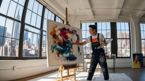 artist paints on a large canvas in a bright, spacious New York City loft studi