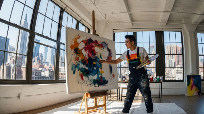artist paints on a large canvas in a bright, spacious New York City loft studi
