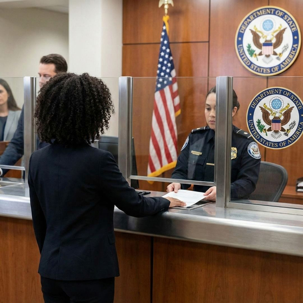 A woman standing at a glass teller window in a government building or consulate, handing application documents to an official for a visa interview.