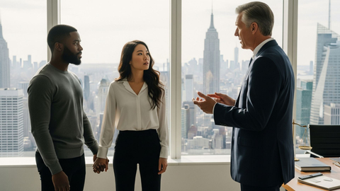 diverse couple holding hands while meeting with an immigration lawyer 