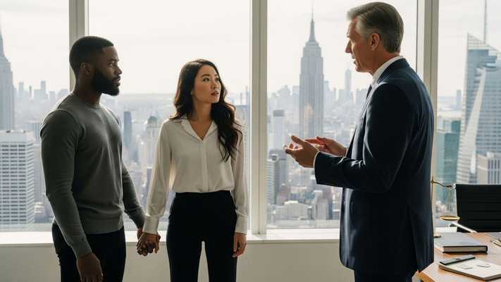 diverse couple holding hands while meeting with an immigration lawyer 