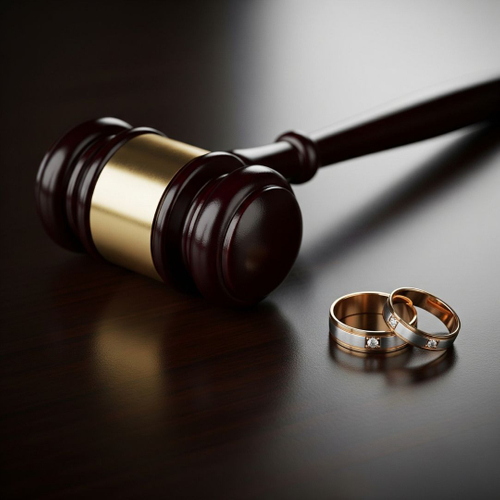 close-up of a gavel and two wedding rings