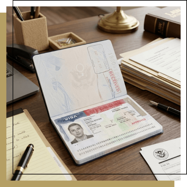 Approved United States visa stamped inside a passport on an immigration attorney's desk. Staten Island4 (2) (1).png
