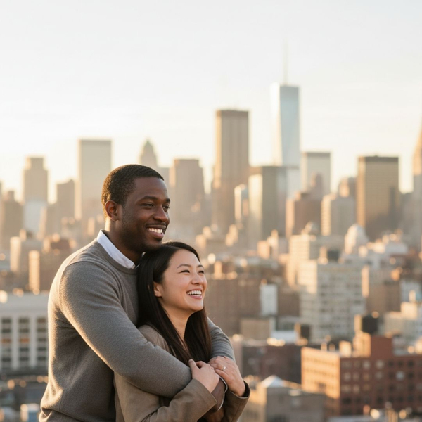 Diverse couple embracing on a New York city rooftop with a skyline view Diverse couple embracing on a New York city rooftop with a skyline view