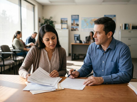 A man in a blue shirt points to a document while a woman with a focused expression reviews papers at a wooden table in an office. Man and Woman Reviewing Documents in an Office