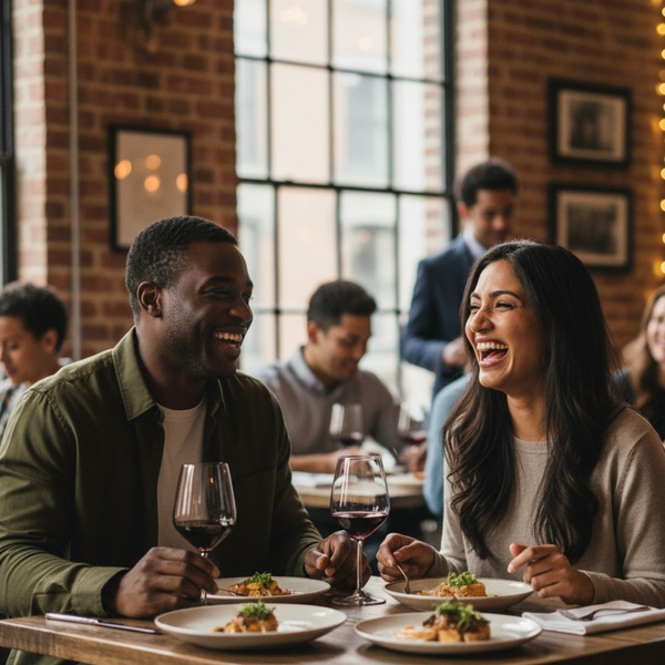 A diverse couple, both smiling and looking at each other, enjoys a meal with wine at a stylish restaurant in New York. A diverse couple, both smiling and looking at each other, enjoys a meal with wine at a stylish restaurant in New York.