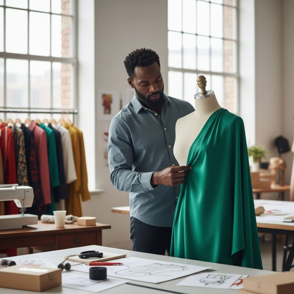 A fashion designer carefully drapes vibrant green fabric on a mannequin in a well-lit studio filled with clothing racks. A fashion designer carefully drapes vibrant green fabric on a mannequin in a well-lit studio filled with clothing racks.