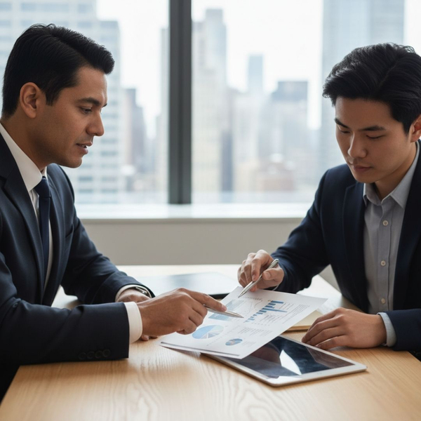 Two men in business suits sitting at a table reviewing documents, representing an initial client consultation.