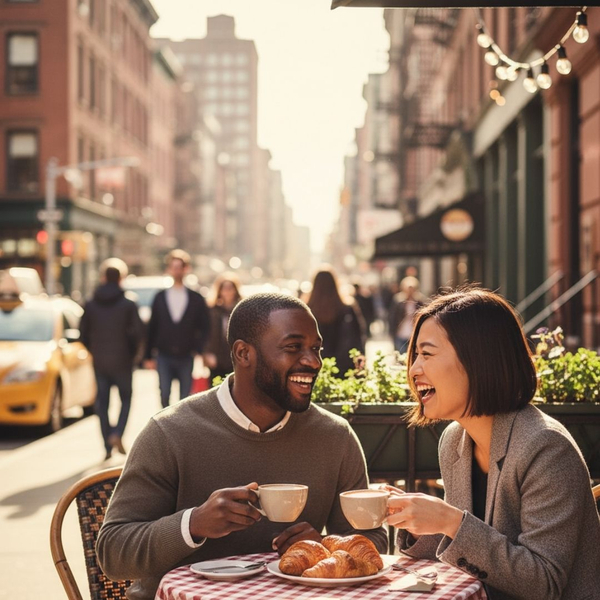 A diverse couple, both laughing, enjoys coffee and pastries at an outdoor cafe on a sunny New York city street. A diverse couple, both laughing, enjoys coffee and pastries at an outdoor cafe on a sunny New York city street.